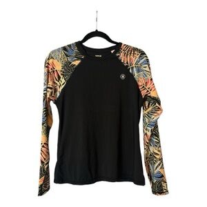 Hurley Woman’s UPF 50+ Black Long Sleeve Rash Guard with Tropical-Print Sleeves